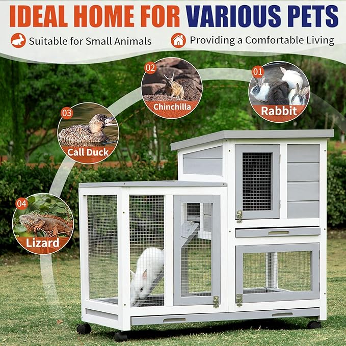Rabbit Hutch, Indoor Rabbit Cage Two Story Bunny Hutch with Wheels Guinea Pig Cages with Removable No Leaking Tray, Ramp, Outdoor Pet House for Small Animals