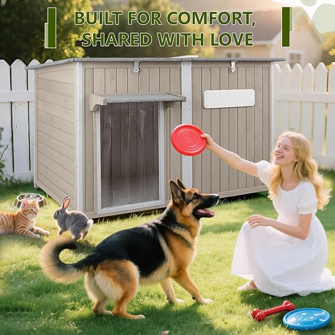 Large Dog House Outdoor XL Wooden Dog House with Weatherproof Asphalt Roof, Chew-Resistant Frame, Removable Floor, for Medium to Large Dogs Indoor Outdoor Use (Grey, 55.1"L x 33.1"W x 34.8"H)