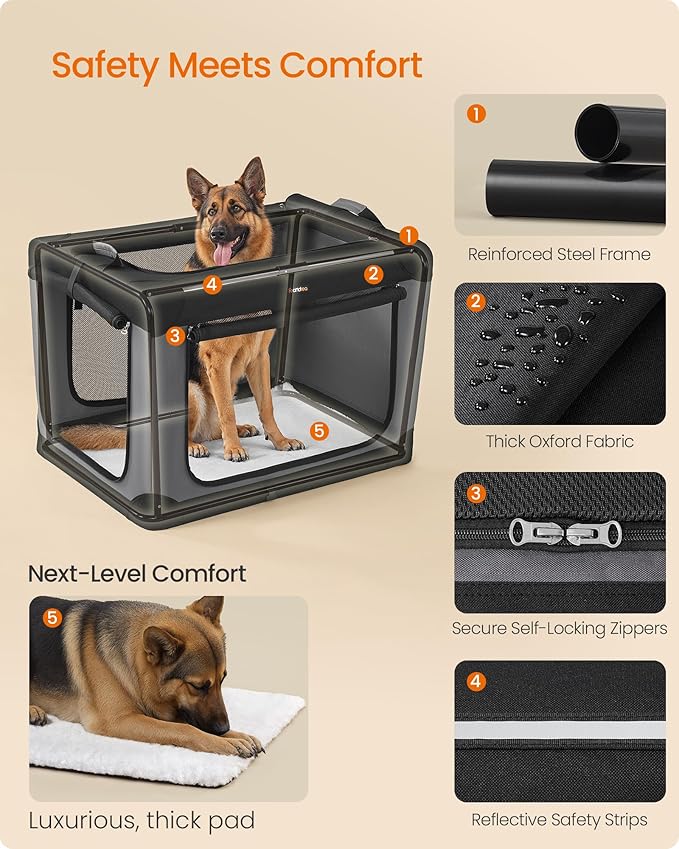 Feandrea Collapsible Dog Crate, 42-Inch Portable Dog Travel Crate for Large Dogs, Oxford Fabric Pet Carrier with 4 Mesh Doors, Handles, Storage Pocket, Water Bottle Holder, Ink Black UPDC021B01