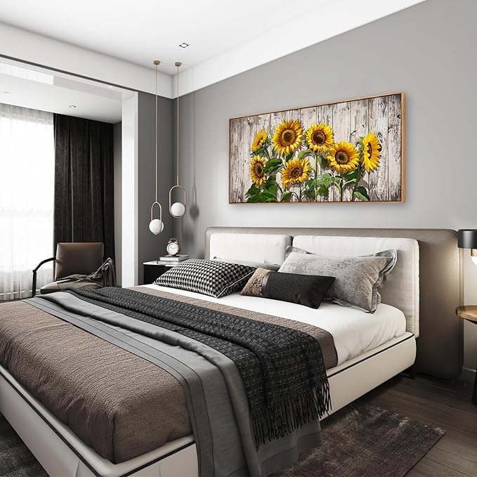 Jiuqinghua Canvas Prints Wall Art Abstract Board Paintings 1 panel Wall Art for Bedroom Rustic Sunflower Kitchen Decor Yellow Vintage Wall Decor Sunflowers Wood Grain Framed for Living Room Bedroom