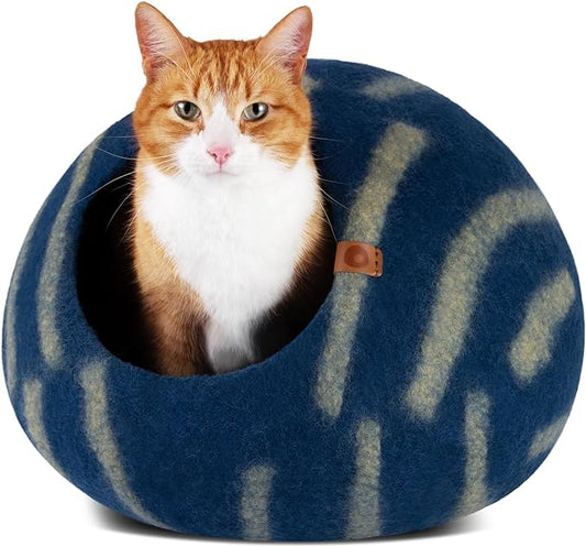 MEOWFIA Cat Cave – Premium Felt Cat Bed for Indoor Cats, Handmade 100% Merino Wool (Large, Deep Azure)