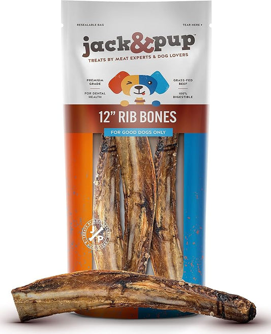 Jack&Pup 12" Rib Bones for Dogs, All Natural Dog Beef Bones, Single Ingredient Bone Marrow, Real Bone for Dogs (3 Pack)