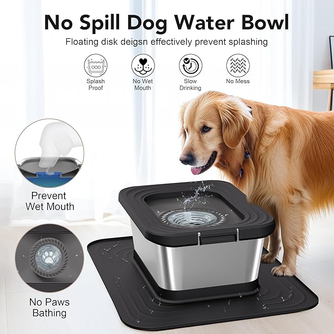 Decflow 10L Stainless Steel Dog Water Bowl, No Spill Anti-Splash Dog Bowls with XXL Silicone Mat, Spill-Proof Slow Feeder for Messy Drinkers, Heavy Duty Pet Bowls for Indoor/Outdoor Use Black