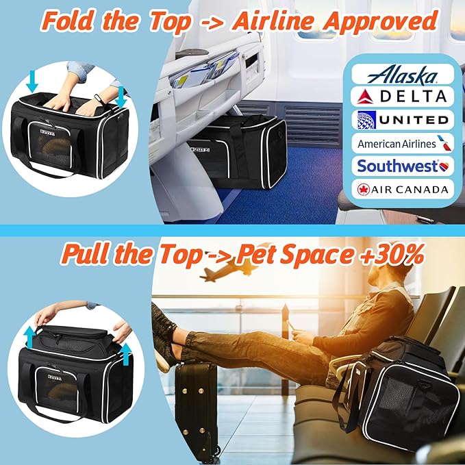 Petskd Top-Expandable Pet Carrier 17x11x9.5 Inches Alaska Airline Approved, Soft-Sided Carrier for Small Cats and Dogs with Locking Safety Zippers and Anti-Scratch Mesh(Black)