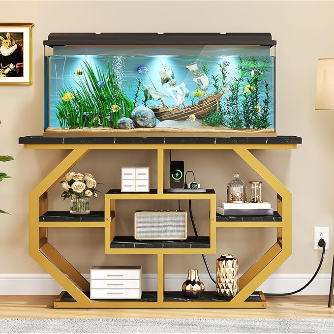 YITAHOME Heavy Duty 55-75 Gallon Fish Tank Stand with Power Outlet, Marble Aquarium Stand for Fish, Turtle, Reptile Terrarium, Shelves for Fish Tank Accessories Storage, 860LBS Capacity, Gold