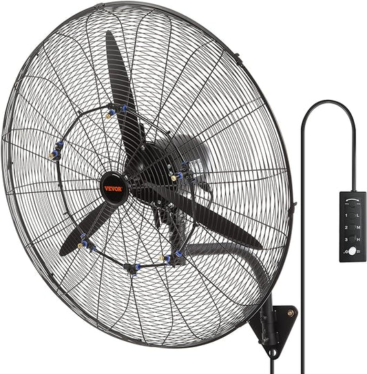 VEVOR 30 Inch Wall-Mount Misting Fan, 3-speed IP44 Waterproof Oscillating, Max. 9500 CFM Wall Mounted Fan for Outdoor, Commercial, Residential, Greenhouse, Workshop, Patio, Black, ETL Listed