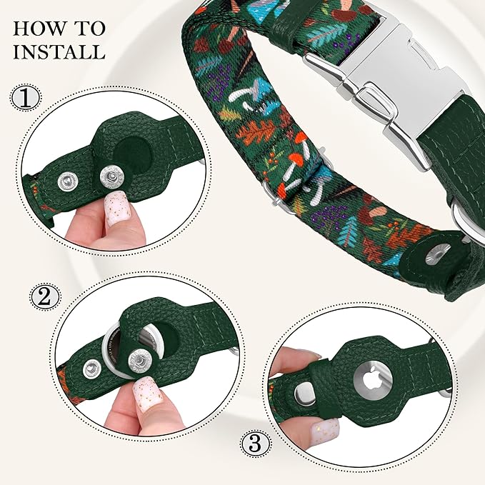 AirTag Dog Collar for Small Medium Large Breed - Adjustable Cute Pattern Dog Collar with Airtag Holder - Soft Leather Tracker GPS Apple Air Tag Pet Collars (X-Small, 9"-12" Neck Fit, Mushroom)