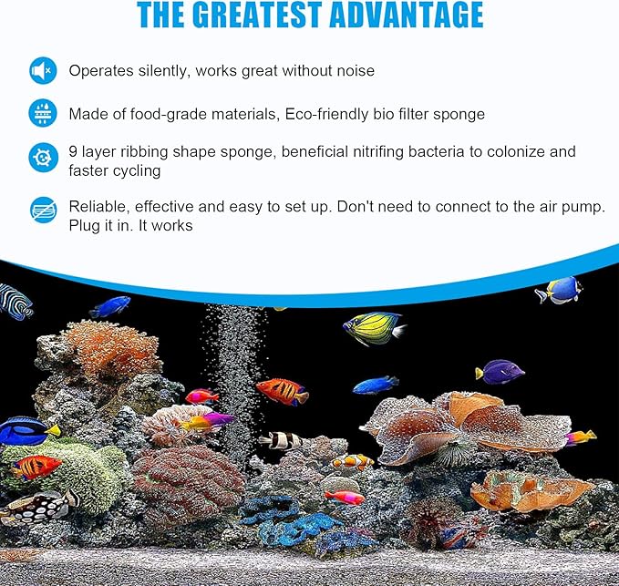 AQQA Aquarium Sponge Filter, Power Driven Double Biochemical Water Filter, Quiet Submersible Foam Filter with 2 Extra Sponges, 1 Bag of Filtered Ceramic Balls for Fresh and Salt Water Fish Tank (S)