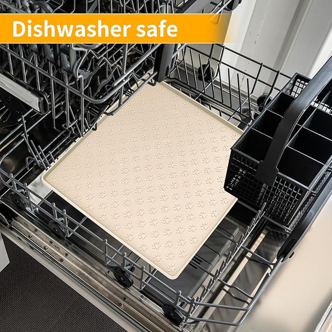 Ptlom Pet Placemat for Dog and Cat, Waterproof Non-Slip Silicone Feeding Bowl Mat Prevent Food and Water Overflow, Puppy Dish Feeder Fountain Trays Suitable for Medium and Small Pets, Beige