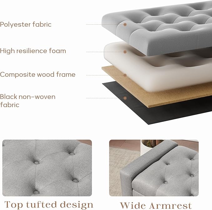 Ottoman with Storage, 48.8" Fabric Storage Ottoman Bench with Hinge, Bedroom Bench, Upholstered Benches with Seating for Living Room, Entryway (Grey)