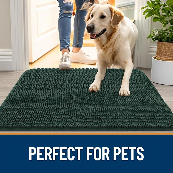 OLANLY Dog Door Mat for Muddy Paws 40x32, Absorbs Moisture and Dirt, Absorbent Non-Slip Washable Doormat, Quick Dry Chenille Mud Mat, Entry Indoor Entryway Carpet for Inside Floor, Blackish Green