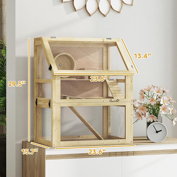 PawHut Wooden Hamster Cage, 3 Tier Small Animal Cage with Detachable 12.6" Deep Bottom, Hut, Seesaw, Exercise Wheel, Ramps, Hamster Habitat for Dwarf, Gerbil, 24" x 16" x 29.5"