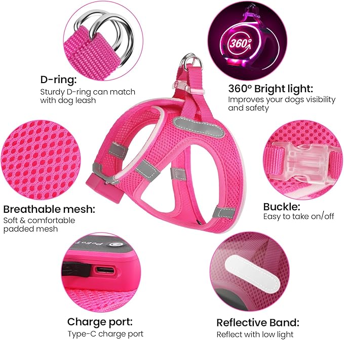 PceoTllar Light Up Dog Harness, LED No Pull Reflective Dog Harness, Flashing Lighted for Night Walking - Small/Medium, (Pink,L)