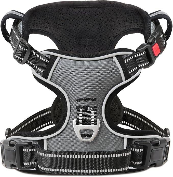 Timos Dog Harness Medium Sized, No Pull with Neck Lockable Snap,No Choke Front Clip Dog Reflective Harness,Adjustable Metal Rings 3 Buckles,Easy Control Handle for Medium Dogs Gray M