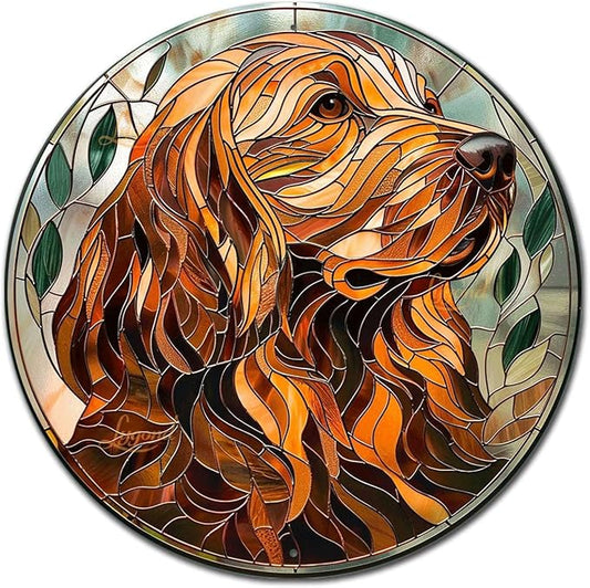 Lygond Metal Sign Tin Sign Circular Stained Glass Dog Funny Gardening Gift for Patio 12×12 Inches