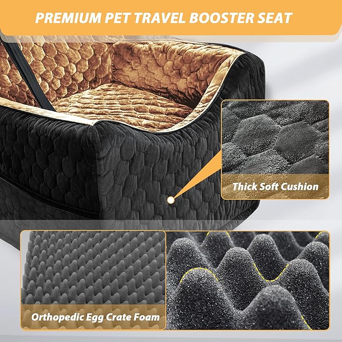 Dog Car Seat for Small/Medium Dogs, Memory Foam Dog Booster Seat, Travel Safety Per Car Seat with Washable Removable Cover, Storage Pockets for Dogs up to 35 lbs(BlackBrown)