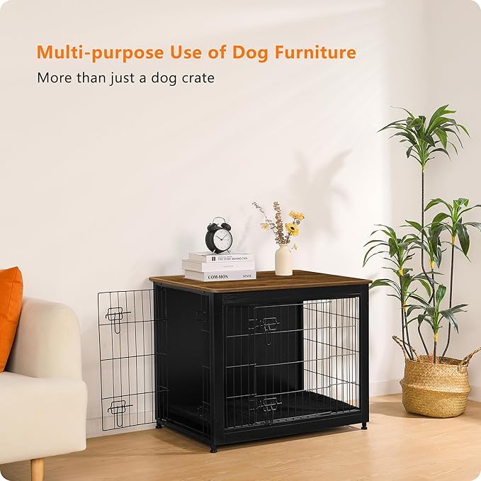 DWANTON Dog Crate Furniture with Cushion, Wooden Kennel Table with Double Doors, Indoor Dog House, Medium Size, 32.5" L, Black+Warm Brown