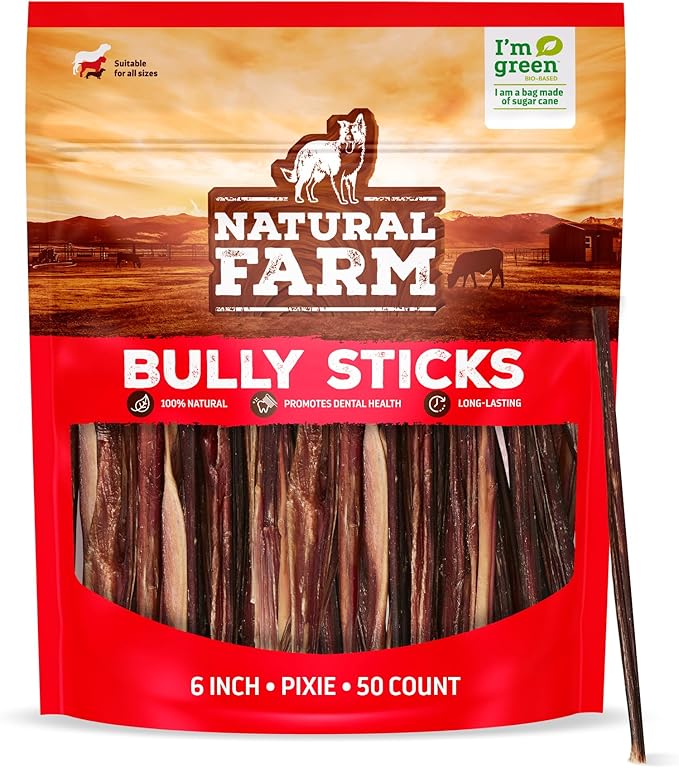 Natural Farm Bully Sticks (6 Inch, 50 Pack), Thin Pixie Pizzle Beef Treats, Grain-Free, High Protein, Best Rawhide Alternative for Small, Puppies or Senior Dogs
