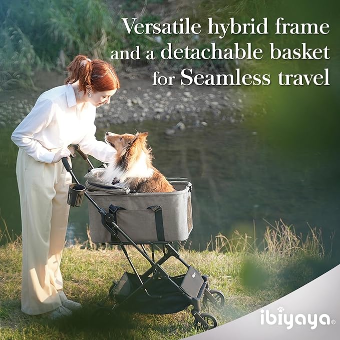 ibiyaya Essential – Travois Tri-Fold Pet Travel System for Medium Dogs, Cats, and More, 3 in 1 Dog Stroller with Detachable Carrier, XL Cabin (Taupe Gray)