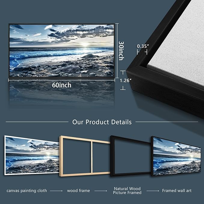 Wapluam Wall Decorations For Living Room Large Canvas Prints Wall Art For Bedroom Office Wall Decor Scenery Wall Painting Blue Sea Pictures Artwork For Fashion Black Framed Beach Posters Home Decor