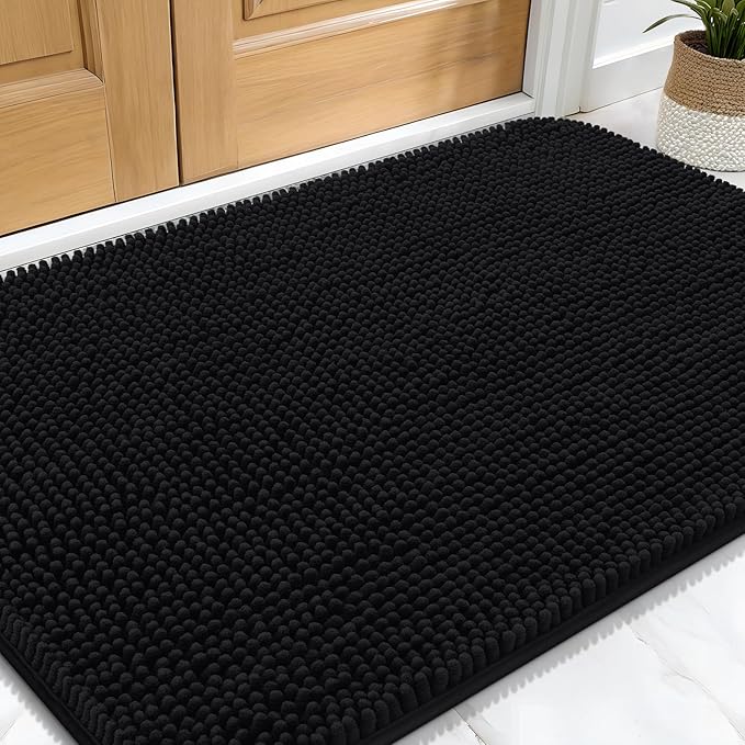 OLANLY Dog Door Mat for Muddy Paws 30x20, Absorbs Moisture and Dirt, Absorbent Non-Slip Washable Doormat, Quick Dry Chenille Mud Mat for Dogs, Entry Indoor Entryway Carpet for Inside Floor, Black
