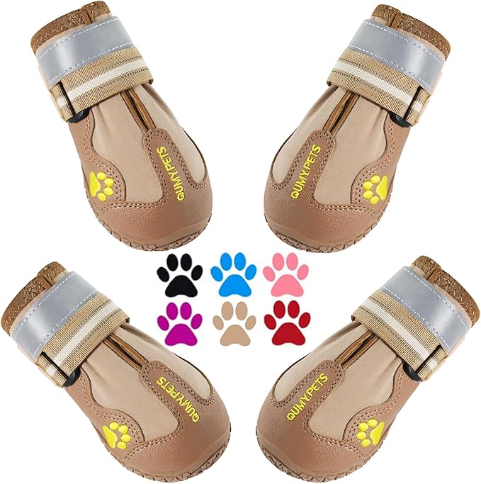 QUMY Dog Shoes for Large Dogs, Medium Dog Boots & Paw Protectors for Winter Snowy Day, Summer Hot Pavement, Waterproof in Rainy Weather, Outdoor Walking, Indoor Hardfloors Anti Slip Sole Khaki 3