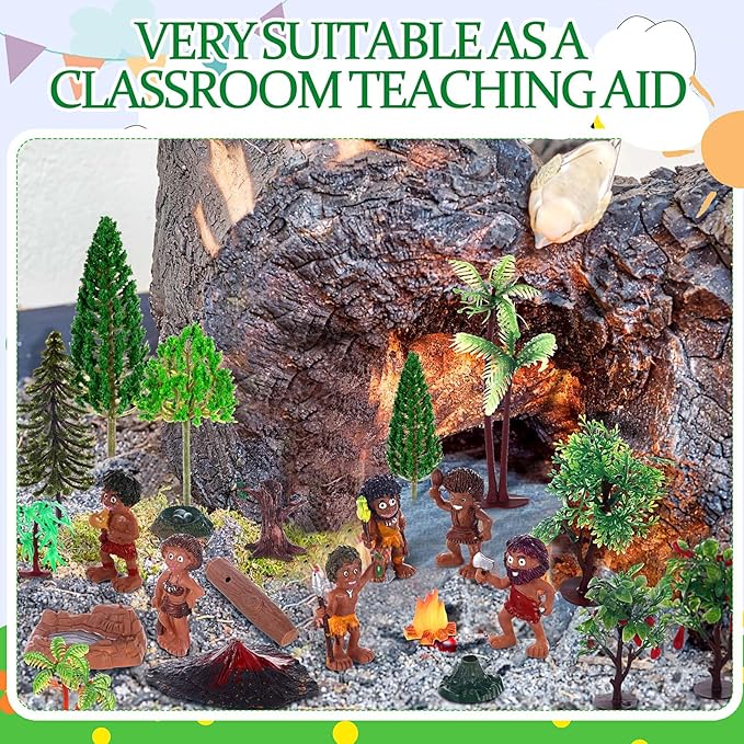 27 Pcs Primitive Man Figurines Kit, Include Diorama Supplies Mini People Figures Mixed Model Trees Stone Sand for Diorama Box Educational School Project Gift