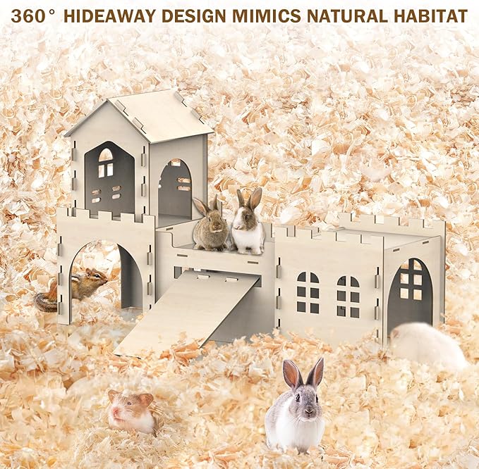 Large Bunny House and Hideouts, Wooden Dual-Layer Rabbit Castle with Stair, Rubber Band-Free Setup - Chew-Proof, Sturdy Habitat for Guinea Pig Chinchilla Ferret (Rabbit House with Tunnels & Tubes)