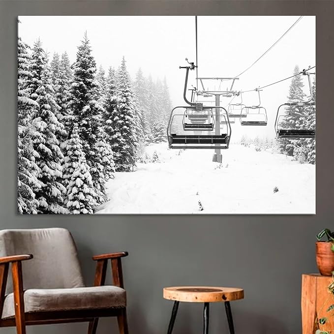 Nature Wall Art Prints - Ocean Forest Mountain Lake Canvas Landscapes - Small to Extra Large Living Room Bedroom Kitchen Bathroom Décor (Ski Lift on Snowy Mountain, 31L" x 47W")