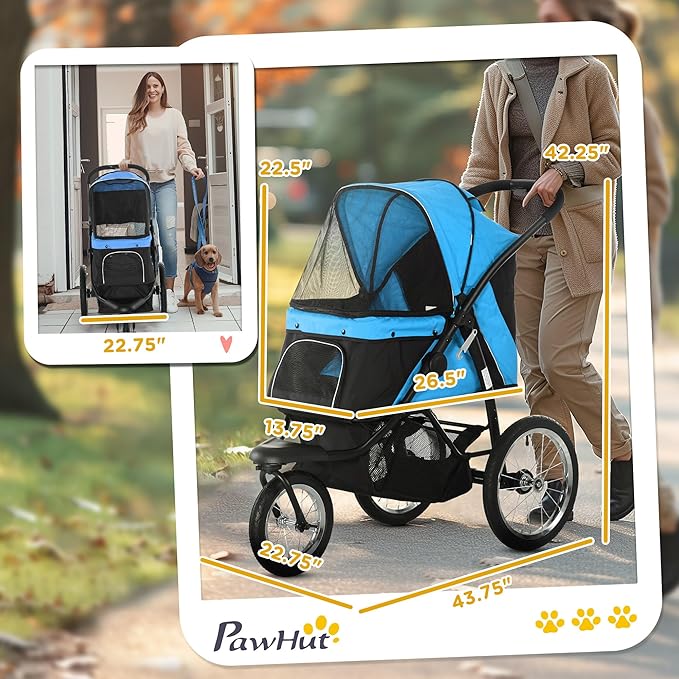 PawHut 3 Wheels Pet Stroller for Small and Medium Dogs, Foldable Cat Stroller Jogger with Adjustable Canopy, Safety Tether, Cushion, Storage Basket, Blue