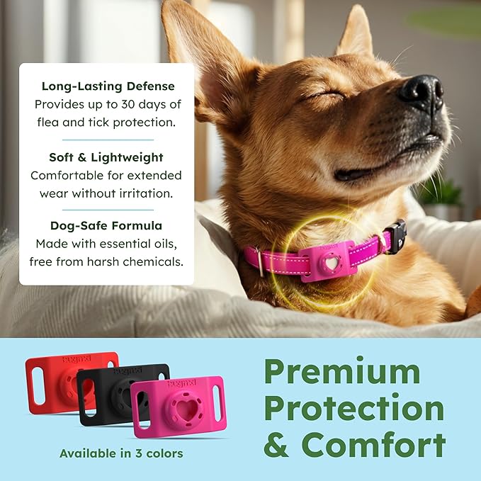 BugMD Paw Guardian Flea and Tick Prevention Pendant for Dogs with AirTag Holder | Plant-Powered Flea & Tick Control for Dog Collars Harnesses | Dog Tag with Air Tag Holder - Pink