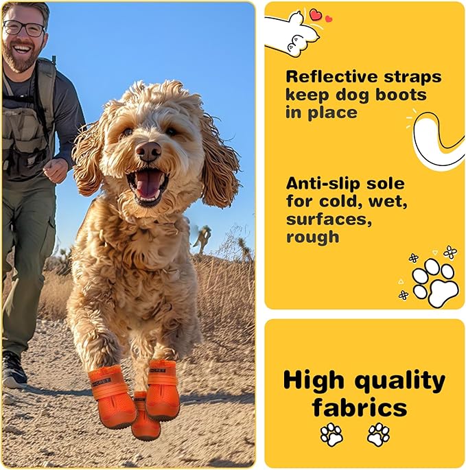 Hcpet Dog Shoes for Large Dogs, Breathable Dog Booties for Small Medium Dogs, Anti-Slip Dog Boots & Paw Protectors for Hot Pavement Winter Snow Hiking with Reflective Straps Orange Size 6