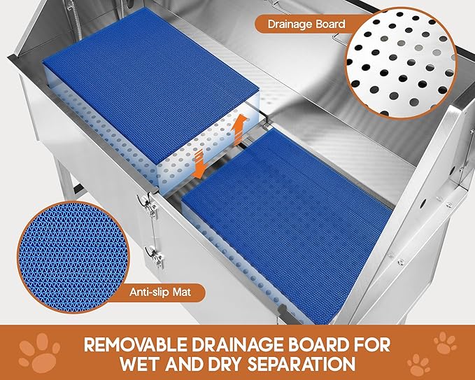 Albott 50-Inch Stainless Steel Dog Washing Station with Anti-Slip Steps, Sprayer, Faucet, and Soap Box – Professional Pet Bathtub for Medium/Small Pets, Ideal for Home, Garage, and Grooming(Left)