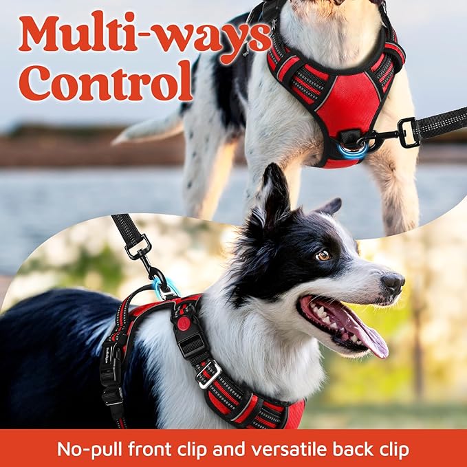 rabbitgoo Dog Harness Medium Sized, No Pull Dog Vest with 3 Buckles, Adjustable Soft Padded Pet Harness with Easy Control Handle and Reflective Strips, Red, M