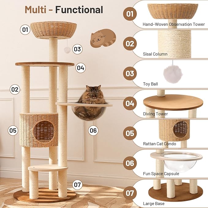 Heavy Duty Cat Tree with Scratching Post,Capsule,Basket,and Bed Modern Tall Cat Condo for Indoor Large
