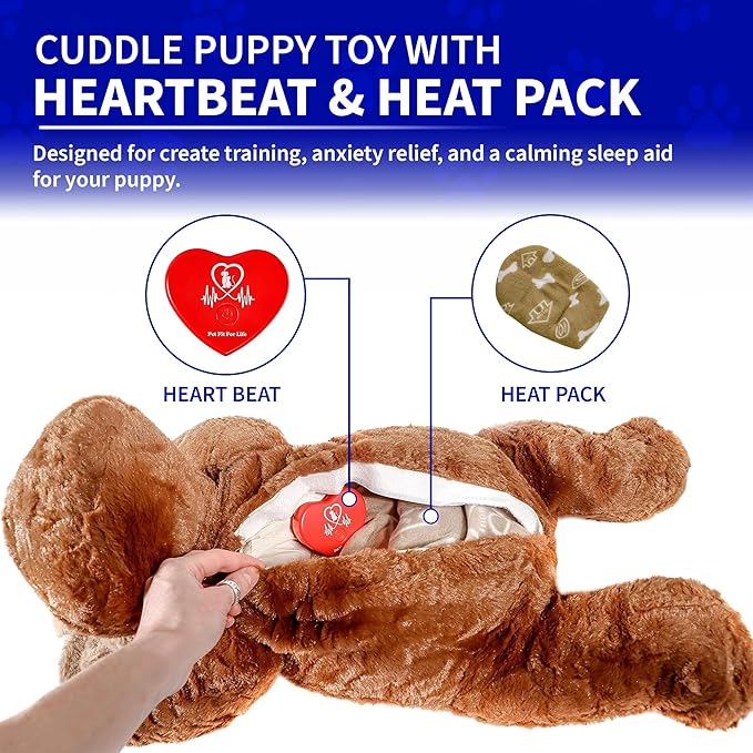 Pet Fit For Life Cuddle Pup Toy with Heartbeat & Heat Pack - USB Rechargeable Cuddly Dog Sleep Aid - Calming Comfort for Anxiety Relief - Safe, Huggable Pet Crate Training Aid - Extra Large