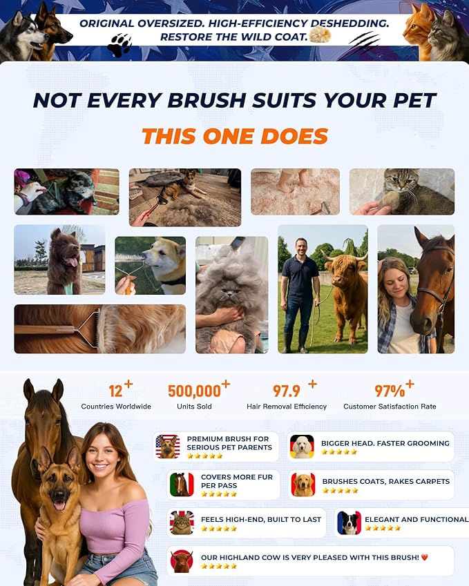 Extra Large 2-Sided Undercoat Rake for Dogs & Cats, Dog Brush for Shedding Remove Mats, Dematting Comb, Safe&Gentle Grooming Brush for German Shepherds Medium to Long-Haired Pets,Premium Wooden Handle