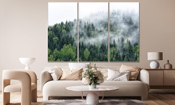 Nature Wall Art Prints - Ocean Forest Mountain Lake Canvas Landscapes - Small to Extra Large Living Room Bedroom Kitchen Bathroom Décor (Pine Trees in Fog, 55L" x 83W"- 3 Panels)