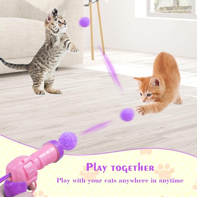 Mewlmart Interactive Cat Toys for Indoor Cats Pink Cat Pom Pom Balls Plush Ball Launcher Cat Fetch Toy Enrichment Toys 30 Balls