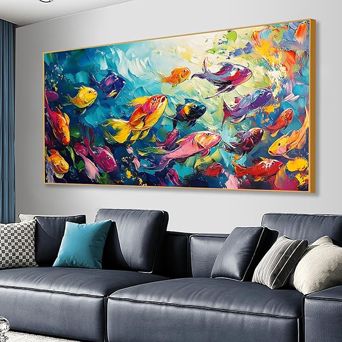 School of Fish Printed Canvas Wall Art – Framed Abstract Ocean Print – Vibrant Fish Wall Decor for Living Room, Bedroom, Office (Black Framed, 47"x23"|120x60cm)