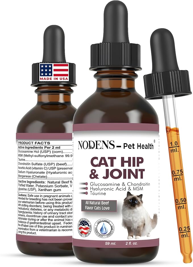 NODENS CAT Hip and Joint Glucosamine for Cats with Chondroitin - Cat Pain Relief from Inflammation - Cat Joint Supplement for Improved Joint Flexibility - Natural Liquid cat Health Supplies 59ml
