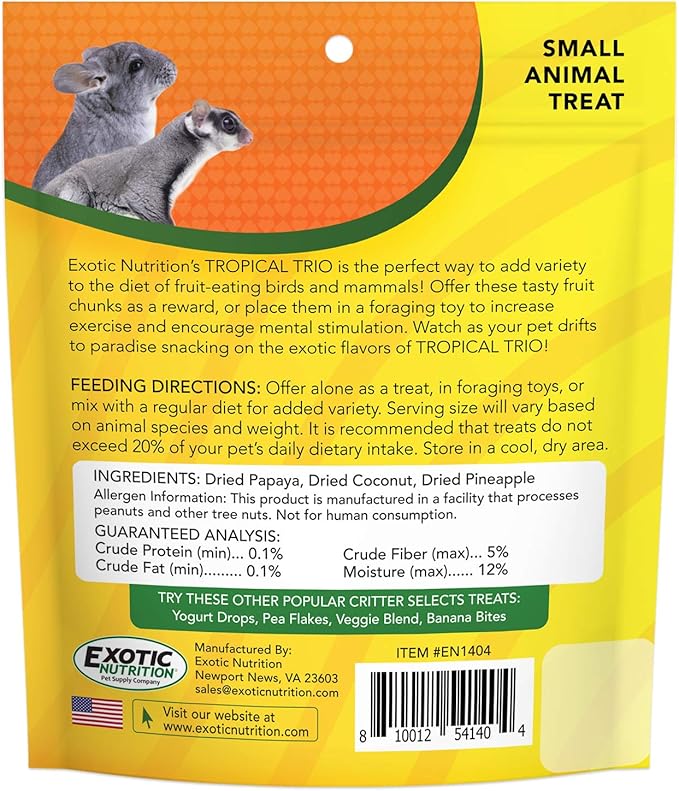 Tropical Trio - Healthy Natural Mixed Dried Fruit Treat - Papaya, Coconut, Pineapple - for Sugar Gliders, Squirrels, Prairie Dogs, Skunks, Marmosets, Parrots, Birds, Rats, Small Pets (4.5 oz.)