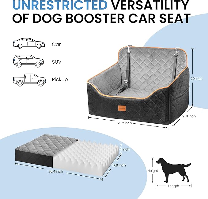 Dog Car Seat for Medium Dogs - Pet Car Seat with 2 Safety Straps & Waterproof Padding, Portable Pet Carrier for Cars, Trucks & SUVs, Comfortable Booster Bed for Pets Up to 55lbs (Black/Grey)