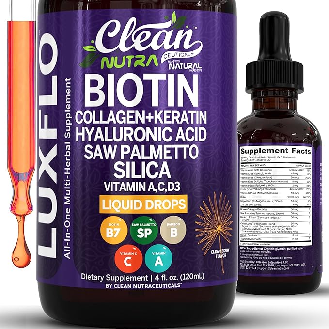 Biotin Liquid Drops Collagen Keratin Hyaluronic Acid Saw Palmetto for Hair Skin and Nails Silica Vitamin A C Vitamin D Bamboo Turmeric Zinc Folate Magnesium Horsetail LuxGlo by Clean Nutra