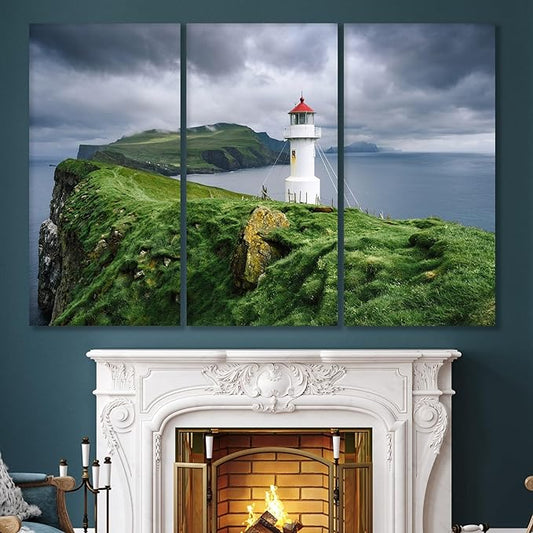 Nature Wall Art Prints - Ocean Forest Mountain Lake Canvas Landscapes - Small to Extra Large Living Room Bedroom Kitchen Bathroom Décor (Stormy Sky Lighthouse, 55L" x 83W"- 3 Panels)
