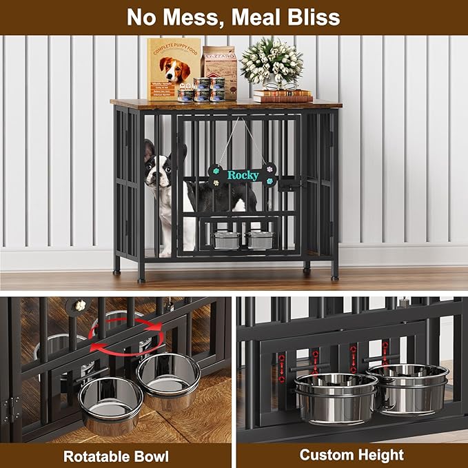 Easycom 31" Dog Crate Furniture Foldable, No Assembly Decorative Dog Kennel Indoor, Dog Crates for Small Dogs (20-40 lbs), Wooden Dog Cage with Adjustable Bowls and Name Tag, End Table, Rustic Brown