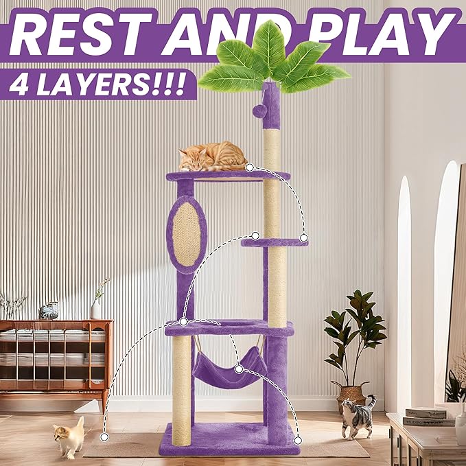 55 Inch Large Cat Tree Tower for Indoor Cats with Hammock Green Leaves Sisal Scratching Post, Plush Hang Ball Play Furniture for Kittens & Adult Cats, New Purple