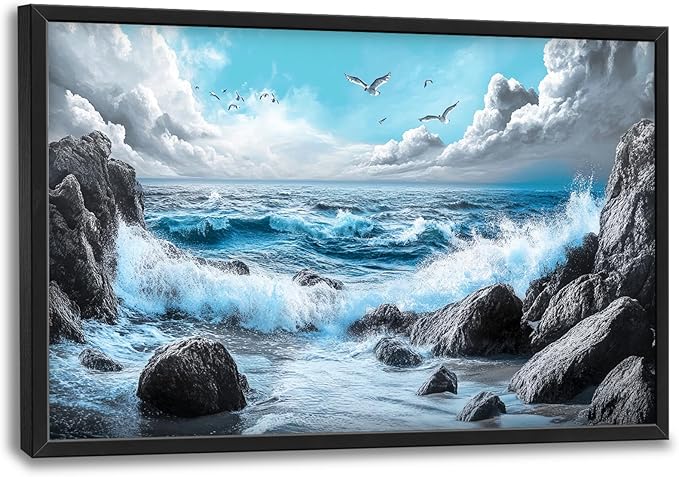 Extra Large Framed Abstract Sea Ocean Wall Art,Black and White Wall Decor, Coastal Seashore Pictures for Living Room,Canvas Print Painting Modern Artwork Bedroom Office Bathroom 36L x 24W