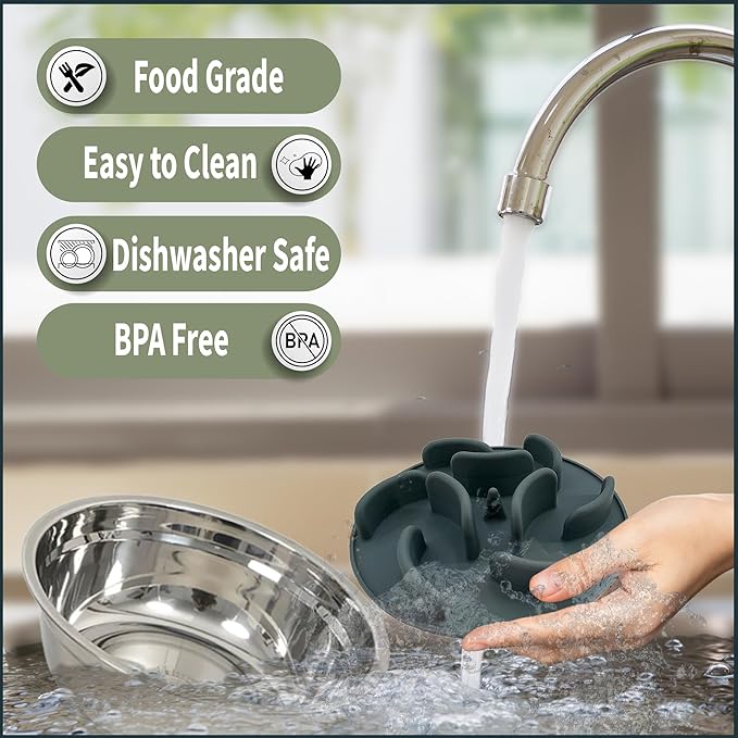 Slow Feeder Dog Bowls for Large Breed - Elevated, Raised 12-inch High - Bamboo Bowl with [60-oz Cap] Stainless Steel Inner Dish, Slow Feeding Insert Pad and Single Stand