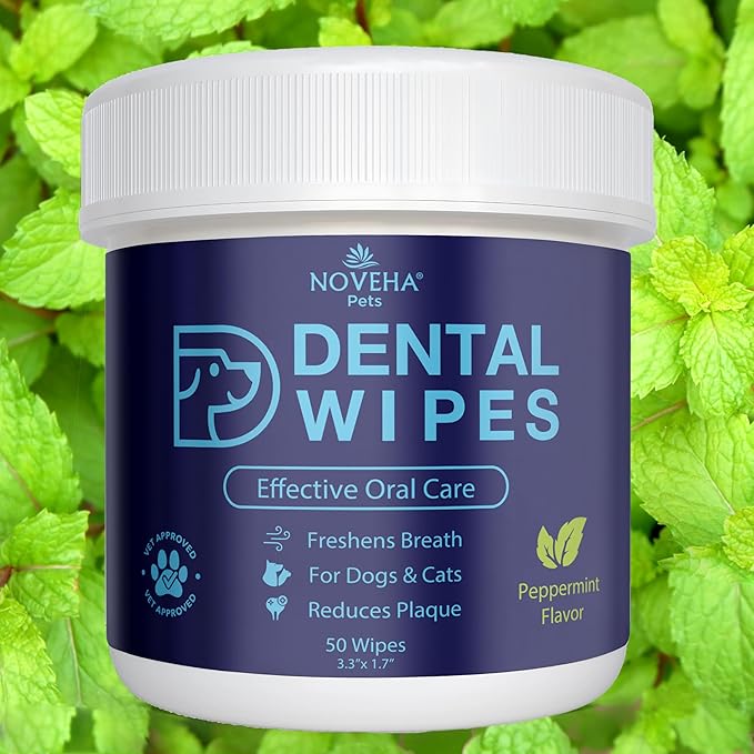 NOVEHA Pets Dental Finger Wipes for Dogs & Cats | Freshens Breath, Reduces Plaque | Healthier Gums | Clean Teeth No Toothbrush | Vet Recommended Effective Natural Oral Care (100 pcs, Mint)